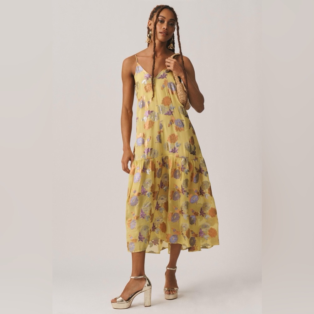 Anthropologie Delfi Collective Silk V-Neck Drop-Waist Dress